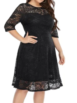Women's Plus Size Curve Party Dress Lace Dress Sheath Dress Solid Color Midi Dress 3/4 Length Sleeve Lace Crew Neck Fashion Wedding Black White Spring Fall XL XXL 3XL 4XL 5XL -HANs Plus Size Style Shop lgzlod1693533330897
