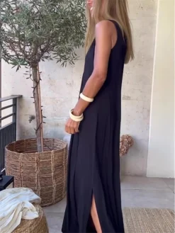 Women's Long Dress Maxi Dress Casual Dress White Dress Tank Dress Plain Fashion Basic Outdoor Daily Holiday Split Sleeveless V Neck Dress Regular Fit Black White Navy Blue Summer Spring S M L XL XXL -HANs Plus Size Style Shop lhbqzm1681108218792