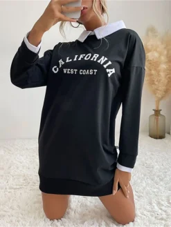 Women's Casual Dress Sweatshirt Dress Winter Dress Letter Patchwork Print Shirt Collar Mini Dress Fashion Streetwear Outdoor Street Long Sleeve Loose Fit Black Army Green Dark Blue Fall Winter S M L -HANs Plus Size Style Shop lhfail1693556894976