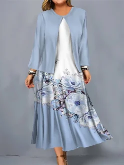 Women's Plus Size Curve Casual Dress Dress Set Two Piece Dress Floral Midi Dress Long Sleeve Print Crew Neck Mature Outdoor Pink Light Blue Fall Winter L XL XXL 3XL 4XL