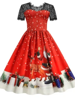 Women's Christmas Knee Length Dress Blue Purple Wine Green Black Red Short Sleeve Print Lace Print Fall Winter Round Neck CasualRegular Fit 2021 S M L XL XXL 3XL -HANs Plus Size Style Shop lhrgsz1632737572037