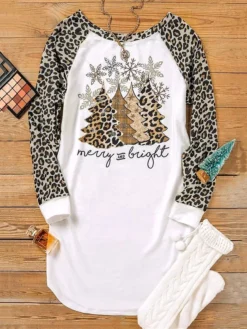 Women's Casual Dress Sweatshirt Dress Mini Dress Warm Fashion Outdoor Christmas Holiday Crew Neck Print Leopard Christmas Tree Loose Fit White S M L XL XXL -HANs Plus Size Style Shop lhviyc1696732219492