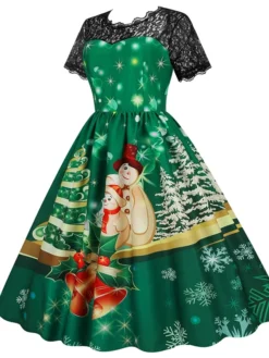 Women's Christmas Casual Dress Swing Dress Midi Dress Green Wine Light Red Fuchsia Red Black Short Sleeve Santa Claus Snowman Snowflake Lace Print Winter Fall Crew Neck Vacation Vintage 2022 S M L XL -HANs Plus Size Style Shop lhwdcc1666761917874