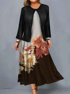 Women's Plus Size Curve Casual Dress Dress Set Two Piece Dress Floral Midi Dress Long Sleeve Print Crew Neck Mature Outdoor Yellow Blue Fall Winter L XL XXL 3XL 4XL