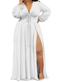 Women‘s Plus Size Curve Easter Dress Party Dress Solid Color V Neck Split Long Sleeve Fall Spring Dress Work Prom Dress Maxi Dress Party Vacation Dress -HANs Plus Size Style Shop liuown1638783970739