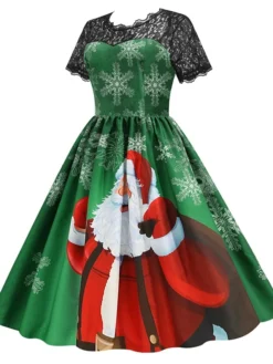 Women's Christmas Knee Length Dress Blue Purple Wine Green Black Red Short Sleeve Print Lace Print Fall Winter Round Neck CasualRegular Fit 2021 S M L XL XXL 3XL -HANs Plus Size Style Shop livlyb1632737569137