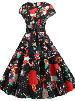 Women's Christmas Knee Length Dress Purple Wine Gray White Black Red Light Green Short Sleeve Print Bow Print Fall Winter Round Neck Casual Vintage2021 S M L XL XXL -HANs Plus Size Style Shop lizdfe1630046096864