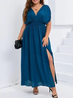 Women's Plus Size Party Dress Wedding Guest Dress Swing Dress Long Dress Maxi Dress Dark Blue Short Sleeve Pure Color Ruched Spring Fall Winter V Neck Fashion Birthday Wedding Guest Vacation 2023 L -HANs Plus Size Style Shop ljpekz1693535304420