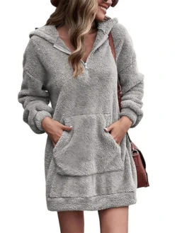 Women‘s Hoodie Dress Winter Dress Black Pink Army Green Navy Blue Beige Gray Long Sleeve Pure Color Zipper Pocket Winter Fall Hooded Stylish Casual Fall Dress Loose Fit 2022 S M L XL 2XL 3XL