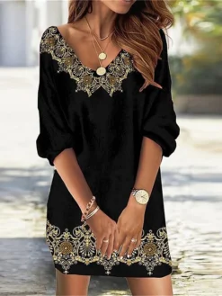 Women's Casual Dress Sweatshirt Dress Print Dress Floral Geometric Print V Neck Mini Dress Fashion Streetwear Outdoor Daily 3/4 Length Sleeve Loose Fit Black Dark Red Yellow Fall S M L XL XXL