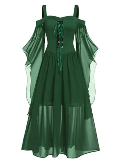 Women's Plus Size Curve Prom Dress Party Dress Vintage Dress Long Dress Maxi Dress Black Blue Purple Long Sleeve Pure Color Drawstring Spring Fall Winter Spaghetti Strap Vintage Halloween -HANs Plus Size Style Shop ljrqar1692177197321