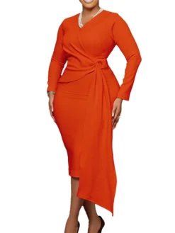 Women‘s Plus Size Curve Work Dress Solid Color V Neck Long Sleeve Fall Winter Elegant Formal Knee Length Dress Formal Date Dress -HANs Plus Size Style Shop ljrwlh1663308379484