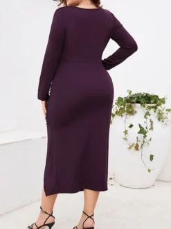 Women‘s Plus Size Curve Work Dress Sheath Dress Semi Formal Dress Fashion Midi Dress Ruched Split V Neck Long Sleeve Plain Regular Fit Black Wine Purple Fall Winter L XL XXL 3XL 4XL -HANs Plus Size Style Shop lkikuw1691401373331