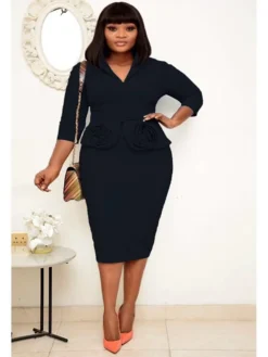 Women‘s Plus Size Curve Easter Dress Work Dress Solid Color Shirt Collar 3/4 Length Sleeve Spring Fall Work Elegant Casual Knee Length Dress Formal Dress -HANs Plus Size Style Shop lklfux1638843637314