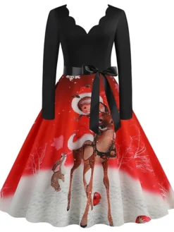 Women's Christmas Swing Dress Vintage Dress Midi Dress Green Blue Purple Long Sleeve Santa Claus Bow Winter Fall Autumn V Neck Fashion Daily Date 2022 S M L XL XXL 3XL -HANs Plus Size Style Shop lknfed1667894682381