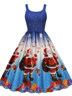 Women's Christmas Casual Dress Swing Dress Midi Dress Green Blue Sleeveless Santa Claus Print Winter Fall Spaghetti Strap Vacation Vintage 2022 S M L XL XXL / Slip Dress
