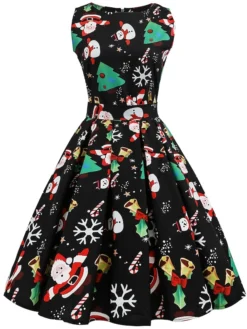 Women's Christmas Swing Dress Knee Length Dress Black SleevelessSnowman Candy Zipper Bow Print Fall Spring Round Neck VintageParty 2021 S M L XL XXL XXXL -HANs Plus Size Style Shop lkqley1628230559193 1