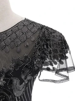 Women's Retro 1920s Fringe Dress Midi Dress Party Halloween Sequins Tassel Fringe Floral Crewneck Short Sleeve Regular Fit Spring Fall 2023 Black Gold S M L XL -HANs Plus Size Style Shop lkqmni1692948609074