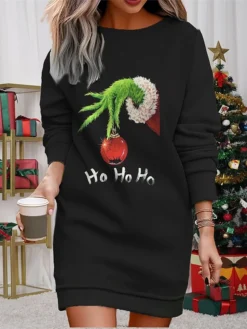 Women's Casual Dress Sweatshirt Dress Mini Dress Warm Fashion Outdoor Christmas Vacation Crew Neck Print Geometric Print Monster Loose Fit Black Red Burgundy S M L XL XXL