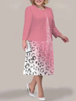 Women's Plus Size Curve Two Piece Dress Set Casual Dress Swing Dress Outdoor Office Fashion Streetwear Print Midi Dress Crew Neck Long Sleeve Leopard Ombre Yellow Pink Dark Pink Fall Winter L -HANs Plus Size Style Shop lkwtwt1692942520467