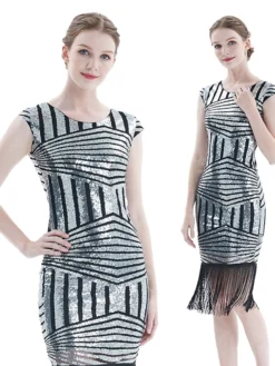 Women's Retro 1920s Fringe Dress Midi Dress Party Halloween Sequins Tassel Fringe Geometric V Neck Short Sleeve Regular Fit Spring Fall 2023 Silver Pink S M L XL -HANs Plus Size Style Shop llbpwc1693212355635