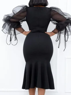 Women‘s Plus Size Curve Party Dress Color Block Crew Neck Mesh 3/4 Length Sleeve Spring Fall Prom Dress Midi Dress Party Going Out Dress