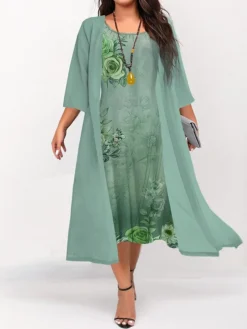 Women's Plus Size Curve Two Piece Dress Set Casual Dress Swing Dress Outdoor Daily Fashion Elegant Print Midi Dress Crew Neck 3/4 Length Sleeve Floral Light Green Blue Dark Green Fall Winter S M -HANs Plus Size Style Shop llnzoo1692934058059