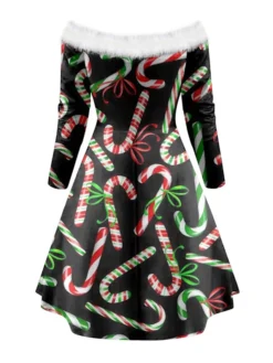 Women's Christmas Swing Dress Vintage Dress Mini Dress Green Blue Light Green Beige Gray Black Long Sleeve Santa Claus Snowman Snowflake Backless Feather Print Winter Fall Off Shoulder Stylish Elegant -HANs Plus Size Style Shop llqqfu1666343935276