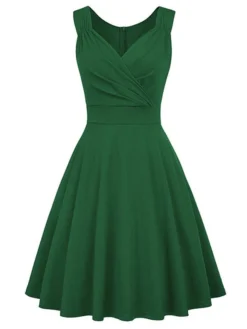 Women‘s Christmas Party Dress Swing Dress Green Dress Midi Dress Black White Wine Sleeveless Pure Color Ruched Summer Spring Fall V Neck Party Party Wedding Guest 2022 S M L XL XXL -HANs Plus Size Style Shop lmfqij1635432108270