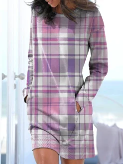 Women's Casual Dress Sweatshirt Dress Winter Dress Plaid Pocket Print Crew Neck Mini Dress Fashion Streetwear Outdoor Daily Long Sleeve Loose Fit Purple Fall Winter S M L XL XXL