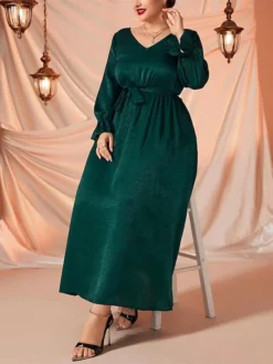 Women's Plus Size Curve Prom Dress Party Dress Wedding Guest Dress Long Dress Maxi Dress Green Long Sleeve Pure Color Lace Up Fall Winter Autumn V Neck Fashion Evening Party Wedding Guest -HANs Plus Size Style Shop lmqyyg1693210707205