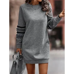 Women's Casual Dress Sweatshirt Dress Winter Dress Mini Dress Ruched Patchwork Street Daily Holiday Fashion Streetwear Crew Neck Long Sleeve 2023 Loose Fit Grey Color S M L XL Size -HANs Plus Size Style Shop lnfcpm1692162752737