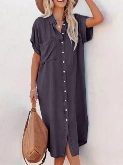 Women's Casual Dress Denim Shirt Dress Midi Dress Denim Fashion Casual Outdoor Daily Vacation Shirt Collar Button Pocket Short Sleeve Summer Spring Fall 2023 Loose Fit Navy Blue Blue Sky Blue Plain S -HANs Plus Size Style Shop lngnpp1675073410232
