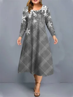 Women's Plus Size Curve Christmas Dress Casual Dress Skater Dress Plaid Snowflake Midi Dress Long Sleeve Print Crew Neck Fashion Outdoor Wine Gray Fall Winter L XL XXL 3XL 4XL -HANs Plus Size Style Shop lnktir1697632886818