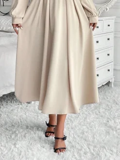 Women's Casual Dress Swing Dress Plain Dress Long Dress Maxi Dress Ruched Daily Date Going Out Fashion Basic Split Neck Long Sleeve 2023 Regular Fit Beige Color S M L XL XXL Size -HANs Plus Size Style Shop lnmxbi1694690831483