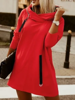 Women‘s Hoodie Dress Winter Dress Black Army Green Red Long Sleeve Pure Color Zipper Pocket Winter Fall Hooded Stylish Modern Mature Fall Dress 2022 S M L XL XXL 3XL 4XL 5XL