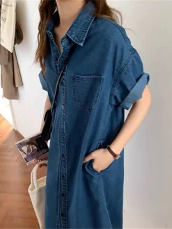 Women's Shift Dress Denim Shirt Dress Midi Dress Denim Fashion Casual Outdoor Daily Vacation Shirt Collar Button Pocket Short Sleeve Summer Spring Fall 2023 Loose Fit Blue Plain S M L XL -HANs Plus Size Style Shop lnqlno1677036655128