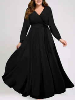 Women's Plus Size Prom Dress Party Dress Wedding Guest Dress Long Dress Maxi Dress Black Red Blue Long Sleeve Pure Color Lace Up Spring Fall Winter V Neck Fashion Winter Dress Wedding Guest Evening -HANs Plus Size Style Shop lnruau1692359755307