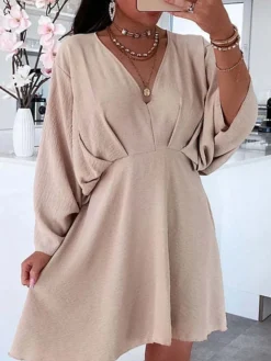 Women's Casual Dress Plain Dress Spring Dress Mini Dress Ruched Daily Date Going Out Fashion Basic V Neck Long Sleeve 2023 Loose Fit Black White Pink Color S M L XL Size -HANs Plus Size Style Shop lntpfd1692161491830