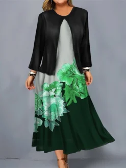 Women's Plus Size Curve Casual Dress Dress Set Two Piece Dress Floral Midi Dress Long Sleeve Print Crew Neck Mature Outdoor Yellow Blue Fall Winter L XL XXL 3XL 4XL -HANs Plus Size Style Shop loeiit1695191653247