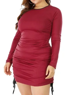 Women‘s Plus Size Curve Work Dress Sheath Dress Semi Formal Dress Fashion Mini Dress Ruched Drawstring Crew Neck Long Sleeve Plain Regular Fit Wine Purple Orange Spring Fall XL XXL 3XL 4XL 5XL -HANs Plus Size Style Shop lojonr1691402320084