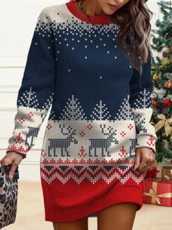 Women's Christmas Casual Dress Sweatshirt Dress Mini Dress Warm Fashion OutdoorVacation Crew Neck Print Geometric Santa Claus Deer Loose Fit Burgundy Navy Blue Blue S M L XL XXL