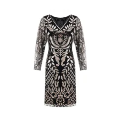 Women's Retro 1920s Sequin Dress Midi Dress Party Halloween Sequins Patchwork Leaf V Neck Long Sleeve Regular Fit Spring Fall 2023 Black Gold S M L XL -HANs Plus Size Style Shop lorbod1692616077491