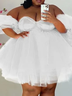 Women‘s Plus Size Curve Holiday Dress Solid Color Off Shoulder Ruched Short Sleeve Spring Summer Casual Sexy Short Mini Dress Causal Daily Dress -HANs Plus Size Style Shop lpqkek1641294205253