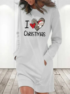 Women‘s Christmas Hoodie Dress Winter Dress Light Blue Grey White Long Sleeve Heart Letter Pocket Print Winter Fall Crew Neck Stylish Casual Fall Dress Loose Fit 2022 S M L XL 2XL / Cotton -HANs Plus Size Style Shop lqnpos1666175295107