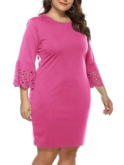 Women‘s Plus Size Curve Party Dress Wedding Guest Dress Black Dress Bodycon Mini Dress Pink 3/4 Length Sleeve Pure Color Patchwork Fall Winter Autumn Crew Neck Fashion Wedding Guest Vacation -HANs Plus Size Style Shop lqohrg1692179045196
