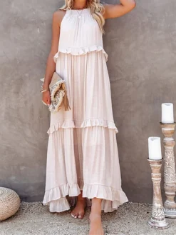 Women's Long Dress Maxi Dress Casual Dress Swing Dress Summer Dress Pure Color Casual Daily Vacation Weekend Ruffle Pocket Sleeveless Crew Neck Dress Regular Fit White Yellow Pink Spring Summer S M L -HANs Plus Size Style Shop lqstxz1672990006633