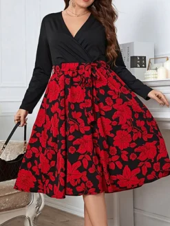 Women's Plus Size Curve Party Dress Wedding Guest Dress Sheath Dress Midi Dress Black Long Sleeve Flower Ruched Spring Fall Winter V Neck Fashion Evening Party Wedding Guest XL XXL 3XL 4XL