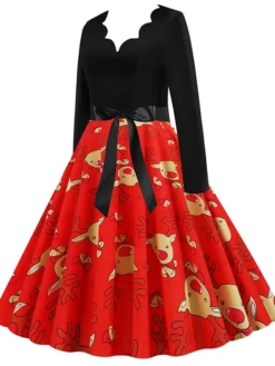 Women's Christmas Swing Dress Vintage DressKnee Length Dress Green Blue Wine Light Red Dark Green Red Long Sleeve Floral Snowman Tree Bow Print Fall Winter V Neck Vintage Fashion Casual 2022 S M L -HANs Plus Size Style Shop lrmeki1663152096966