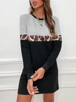 Women's Casual Dress Sweatshirt Dress Print Dress Leopard Print Crew Neck Mini Dress Active Fashion Outdoor Street Long Sleeve Loose Fit Black Fall Winter S M L XL
